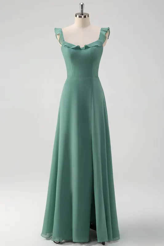 Eucalyptus Chiffon A Line Spaghetti Straps Long Bridesmaid Dress with Slit sold by Zapaka
