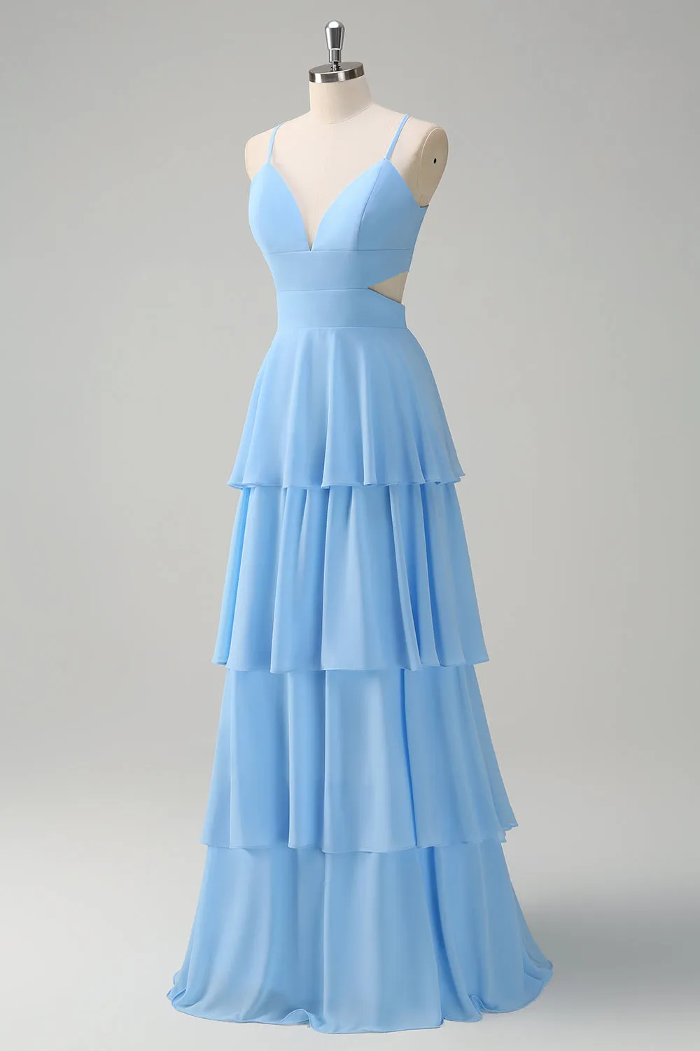 Sky Blue A-Line Spaghetti Straps Tiered Chiffon Bridesmaid Dress sold by Zapaka product image thumbnail 3
