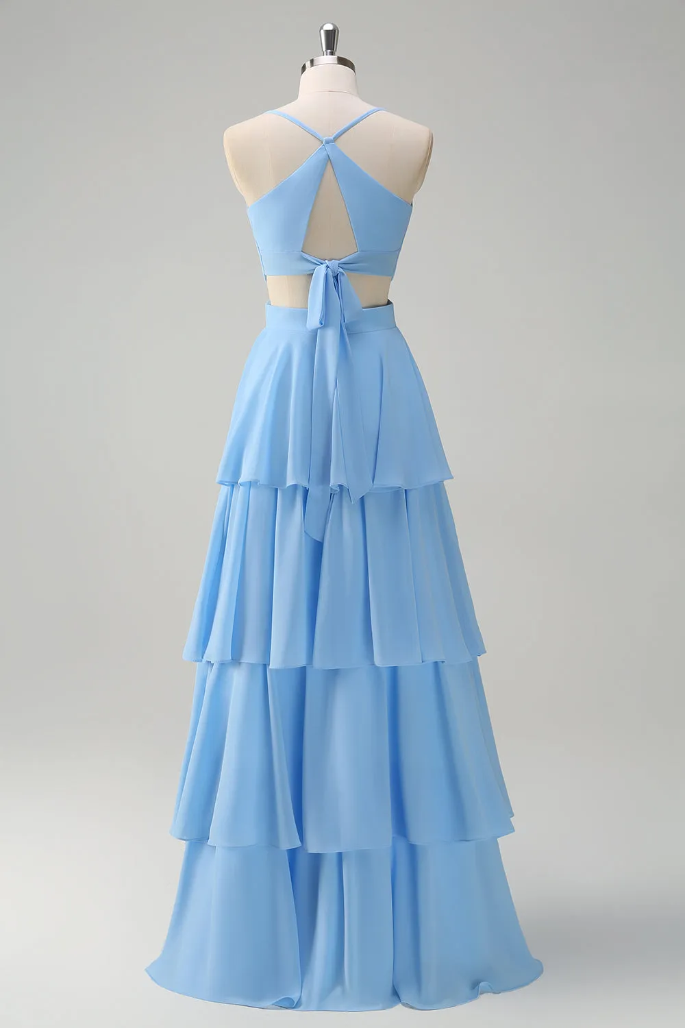 Sky Blue A-Line Spaghetti Straps Tiered Chiffon Bridesmaid Dress sold by Zapaka product image thumbnail 2