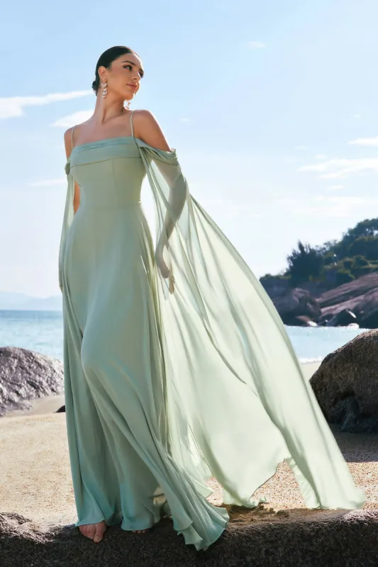 Light Green Cold Shoulder Detachable Sleeves Chiffon Bridesmaid Dress sold by Zapaka