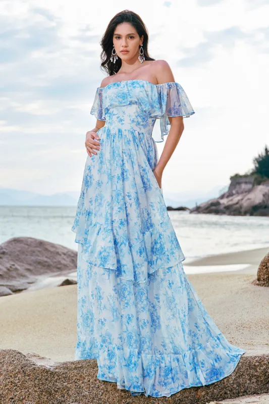 Off The Shoulder White Blue Floral Boho Bridesmaid Dress with Ruffles sold by Zapaka