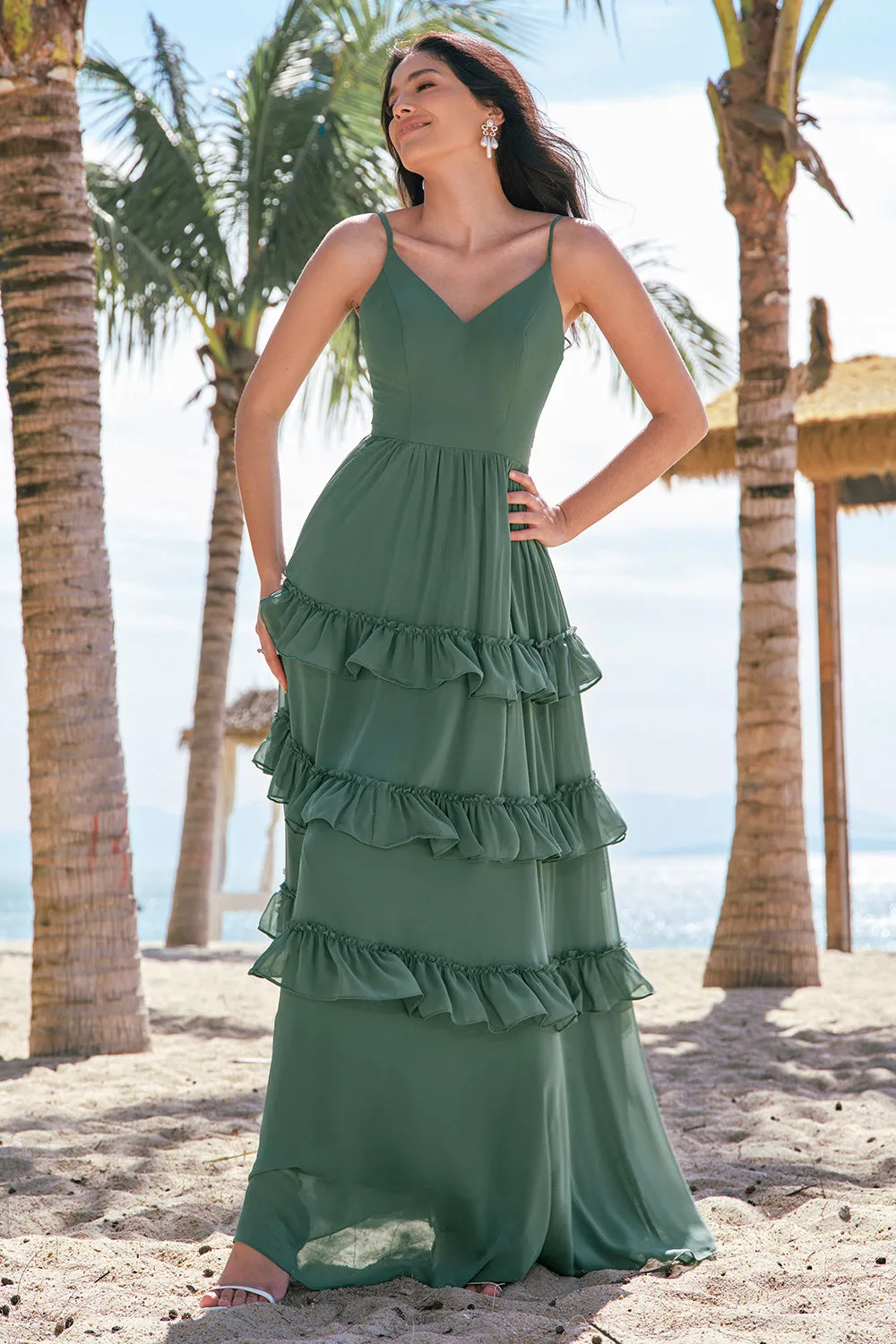 Eucalyptus A-Line Chiffon Tiered Long Bridesmaid Dress sold by Zapaka product image thumbnail 3