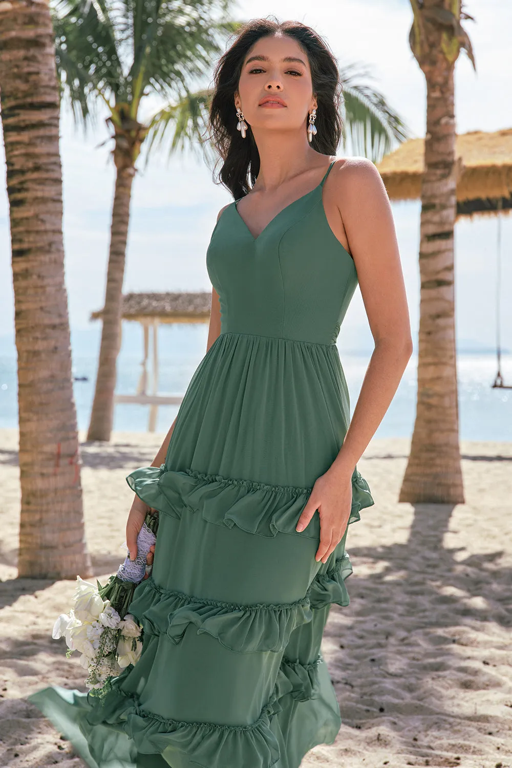 Eucalyptus A-Line Chiffon Tiered Long Bridesmaid Dress sold by Zapaka product image thumbnail 4