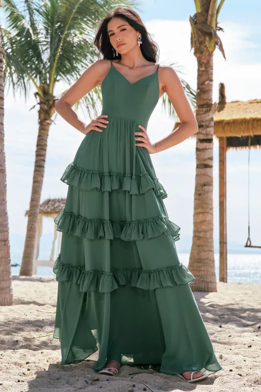 Eucalyptus A-Line Chiffon Tiered Long Bridesmaid Dress sold by Zapaka