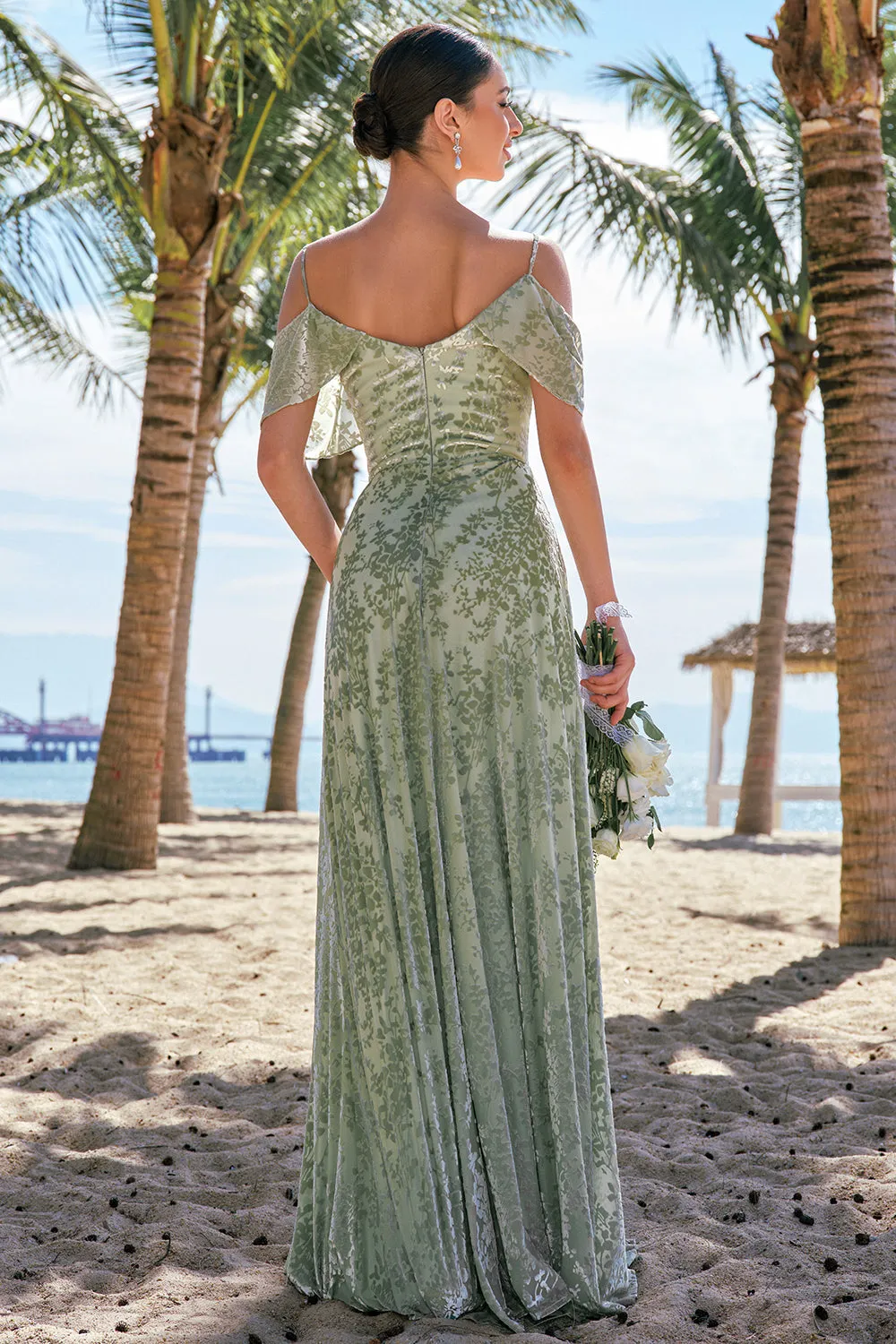 A Line Cold Shoulder Jacquard Dusty Sage Bridesmaid Dress with Slit sold by Zapaka product image thumbnail 2