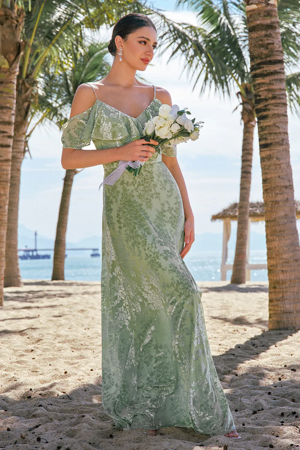 A Line Cold Shoulder Jacquard Dusty Sage Bridesmaid Dress with Slit sold by Zapaka product image thumbnail 5