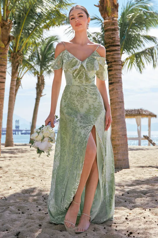 A Line Cold Shoulder Jacquard Dusty Sage Bridesmaid Dress with Slit sold by Zapaka