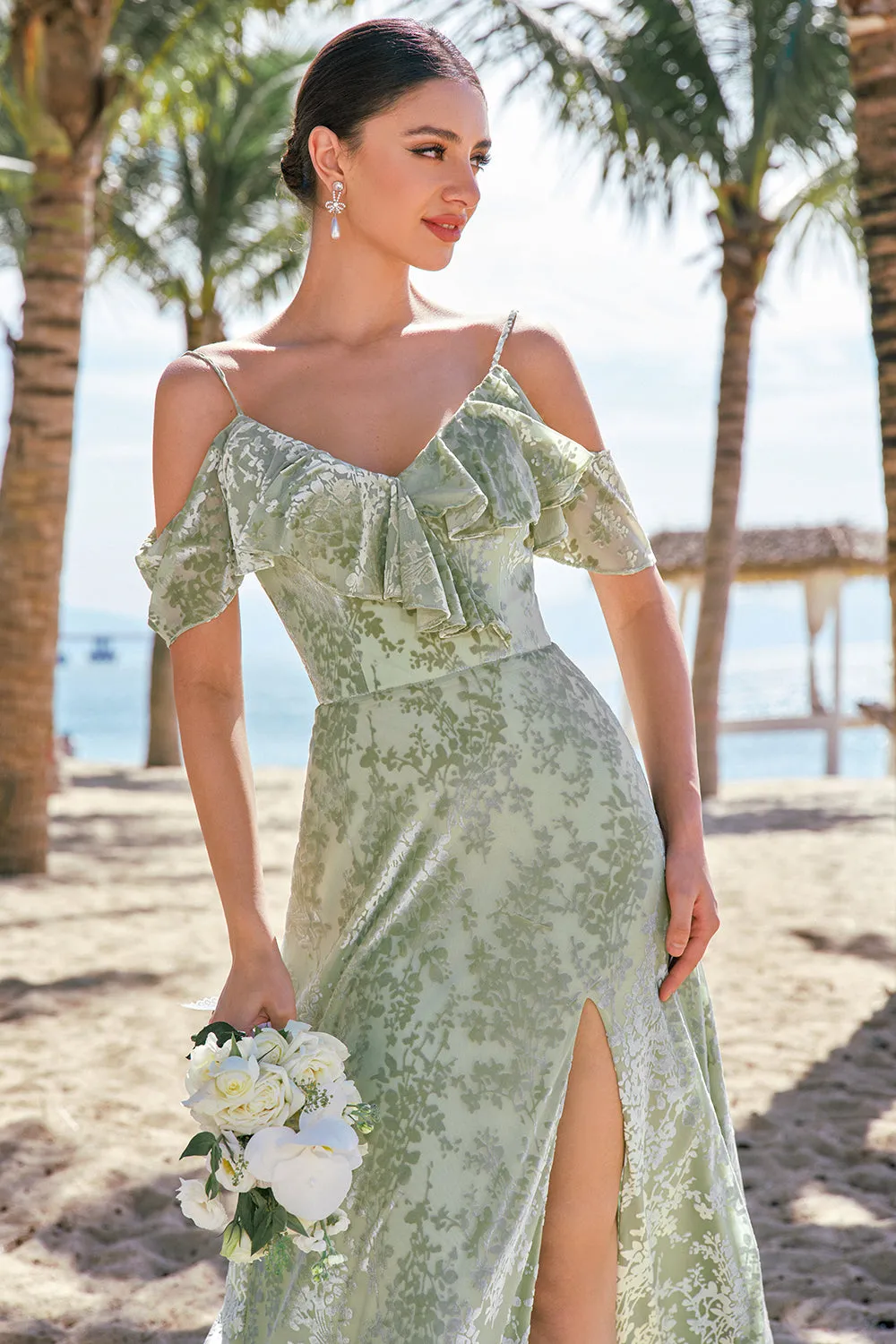 A Line Cold Shoulder Jacquard Dusty Sage Bridesmaid Dress with Slit sold by Zapaka product image thumbnail 4