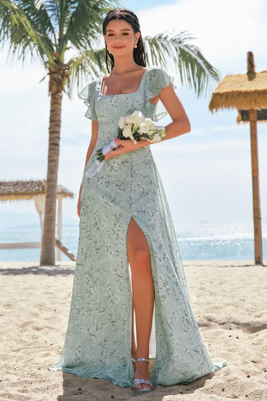 Grey Green Printed Floral Bridesmaid Dress with Slit sold by Zapaka