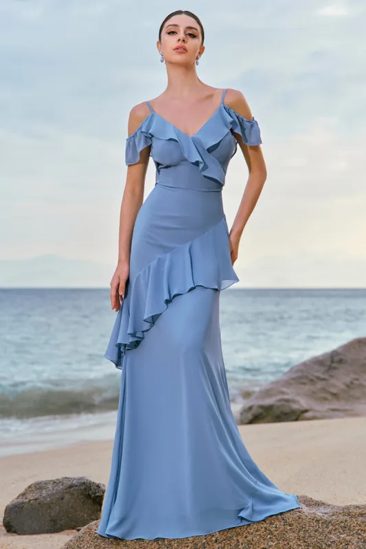 Blue Cold Shoulder Chiffon Bridesmaid Dress with Ruffles sold by Zapaka