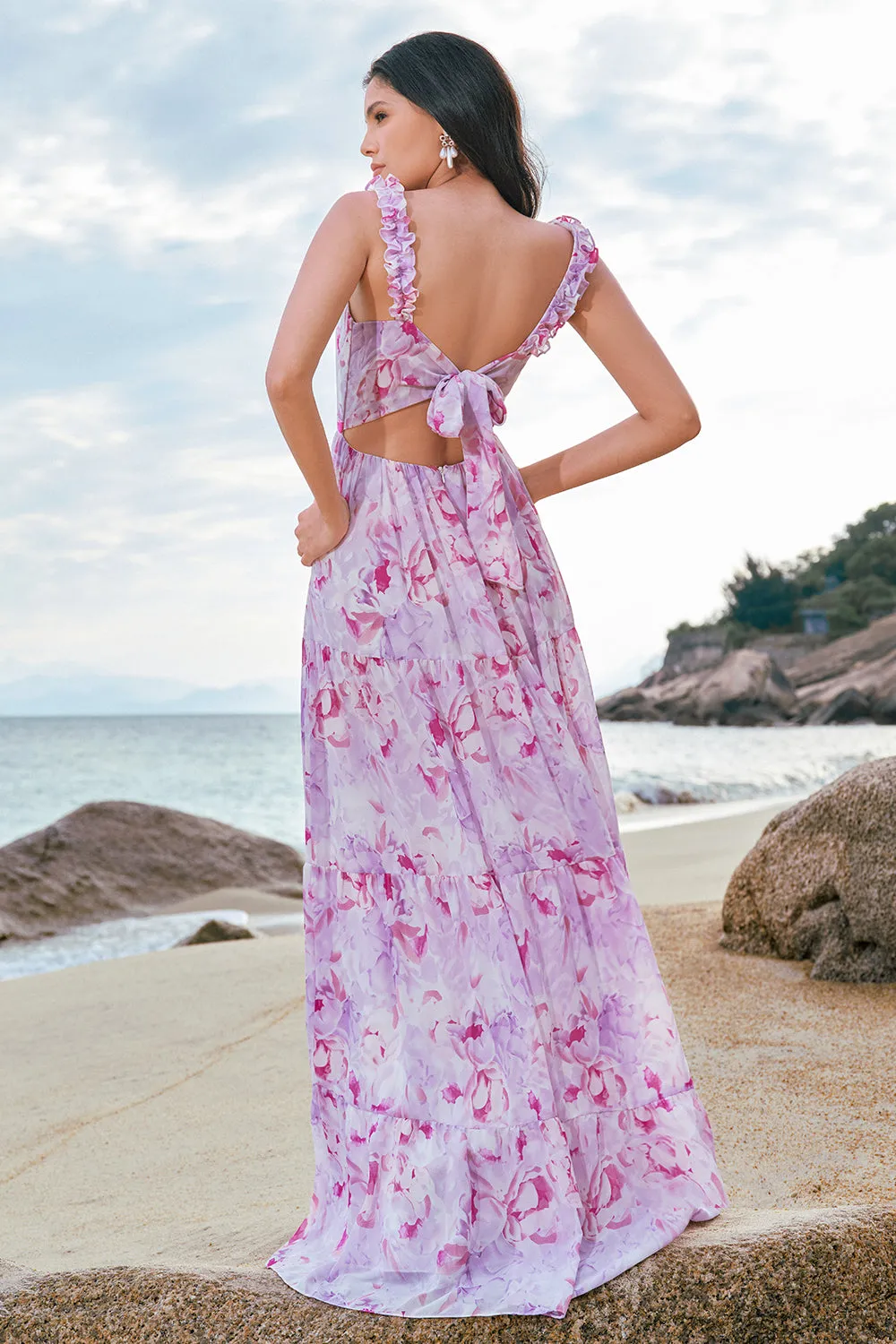 Grey Purple Floral Spaghetti Straps A-Line Bridesmaid Dress sold by Zapaka product image thumbnail 2