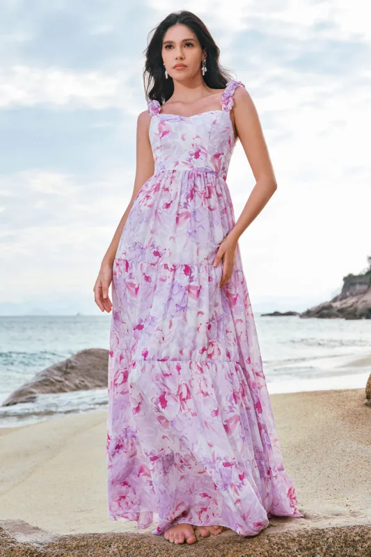 Grey Purple Floral Spaghetti Straps A-Line Bridesmaid Dress sold by Zapaka