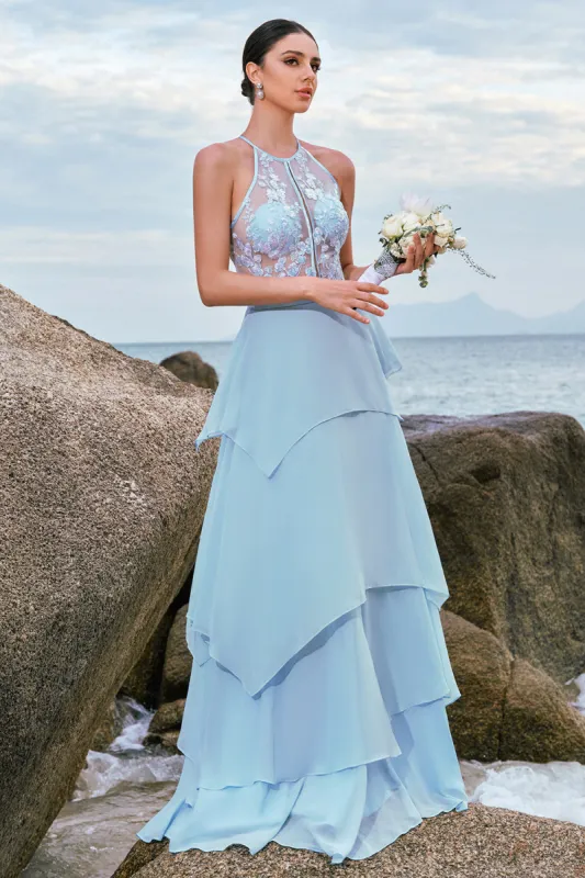 Halter Blue Floral A Line Bridesmaid Dress with Lace Up Back sold by Zapaka