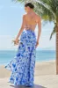 Blue Floral Spaghetti Straps Long Bridesmaid Dress with Slit sold by Zapaka