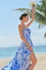 Blue Floral Spaghetti Straps Long Bridesmaid Dress with Slit sold by Zapaka