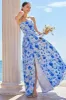 Blue Floral Spaghetti Straps Long Bridesmaid Dress with Slit sold by Zapaka