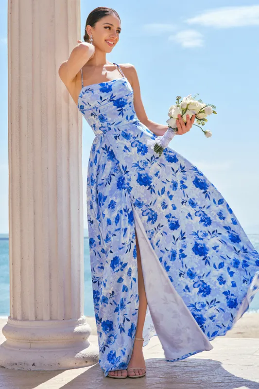 Blue Floral Spaghetti Straps Long Bridesmaid Dress with Slit sold by Zapaka