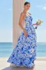 Blue Floral Spaghetti Straps Long Bridesmaid Dress with Slit sold by Zapaka