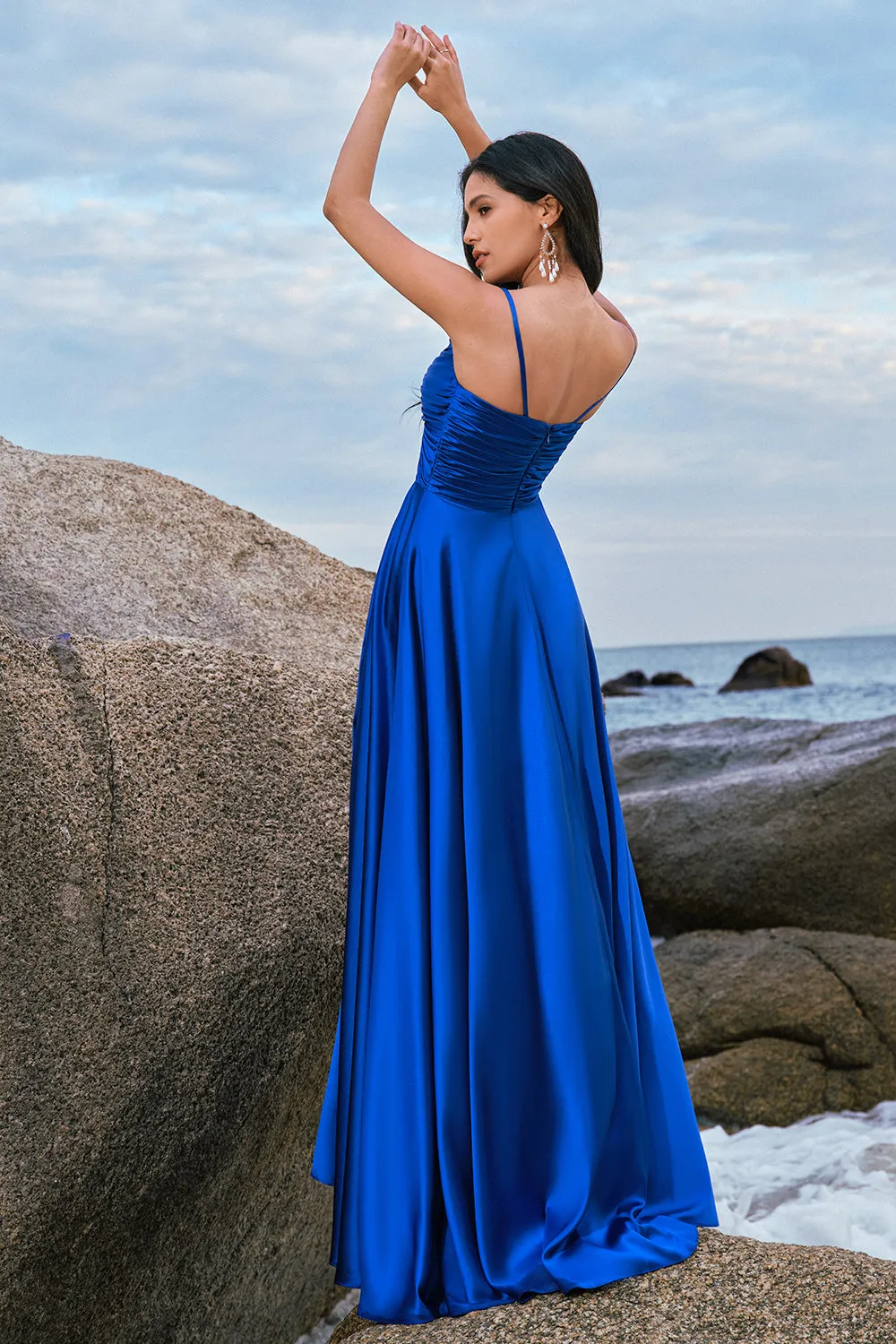 Spaghetti Straps Satin Ink Blue Bridesmaid Dress with Slit sold by Zapaka product image thumbnail 2