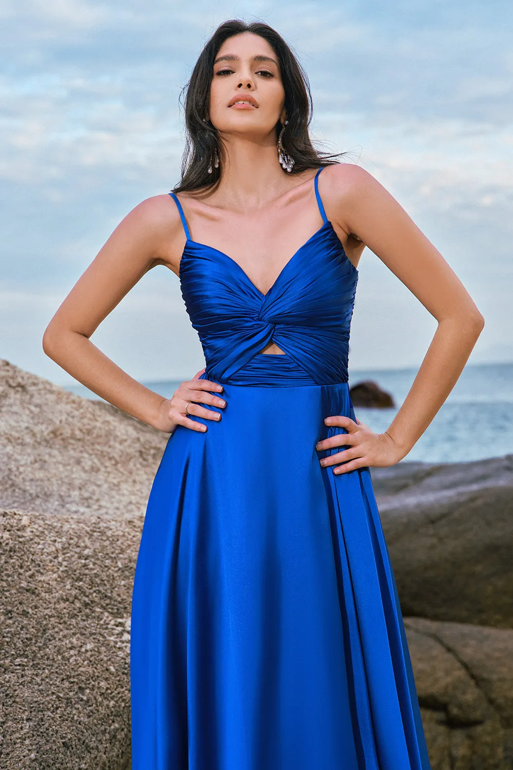 Spaghetti Straps Satin Ink Blue Bridesmaid Dress with Slit sold by Zapaka product image thumbnail 3