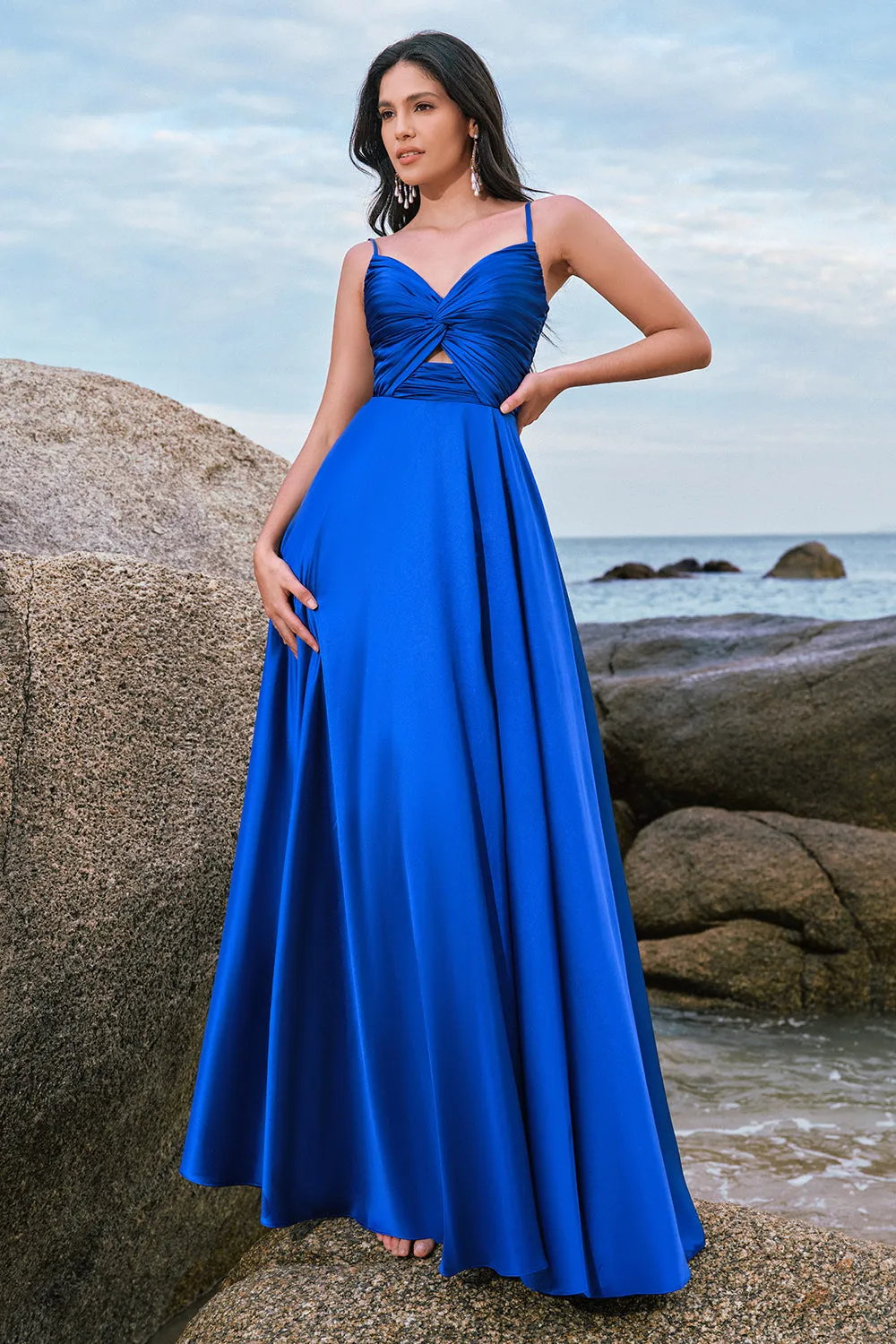 Spaghetti Straps Satin Ink Blue Bridesmaid Dress with Slit sold by Zapaka product image thumbnail 4