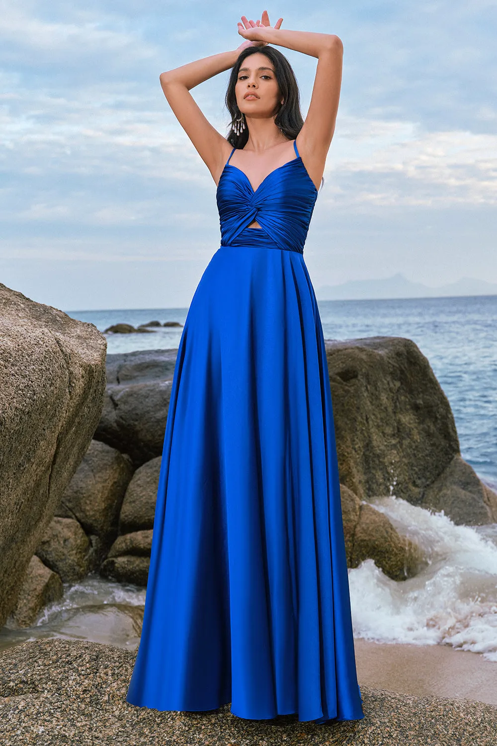 Spaghetti Straps Satin Ink Blue Bridesmaid Dress with Slit sold by Zapaka product image thumbnail 5