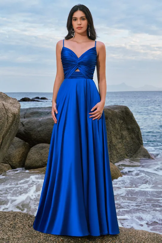 Spaghetti Straps Satin Ink Blue Bridesmaid Dress with Slit sold by Zapaka