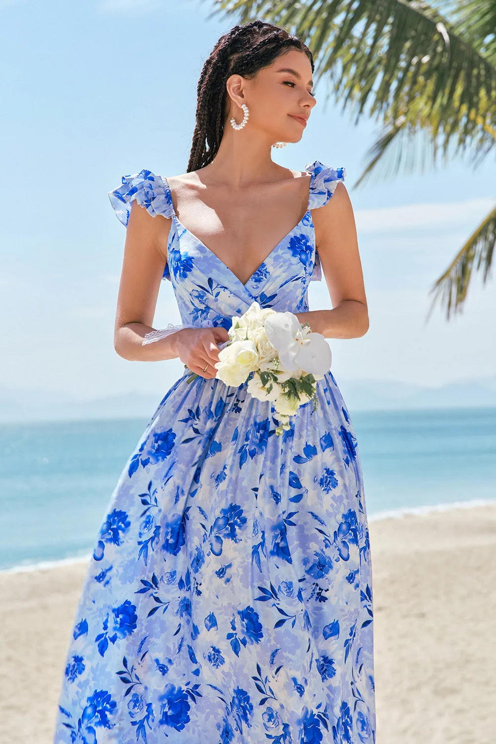 Off The Shoulder Blue Floral A Line Chiffon Bridesmaid Dress sold by Zapaka product image thumbnail 3