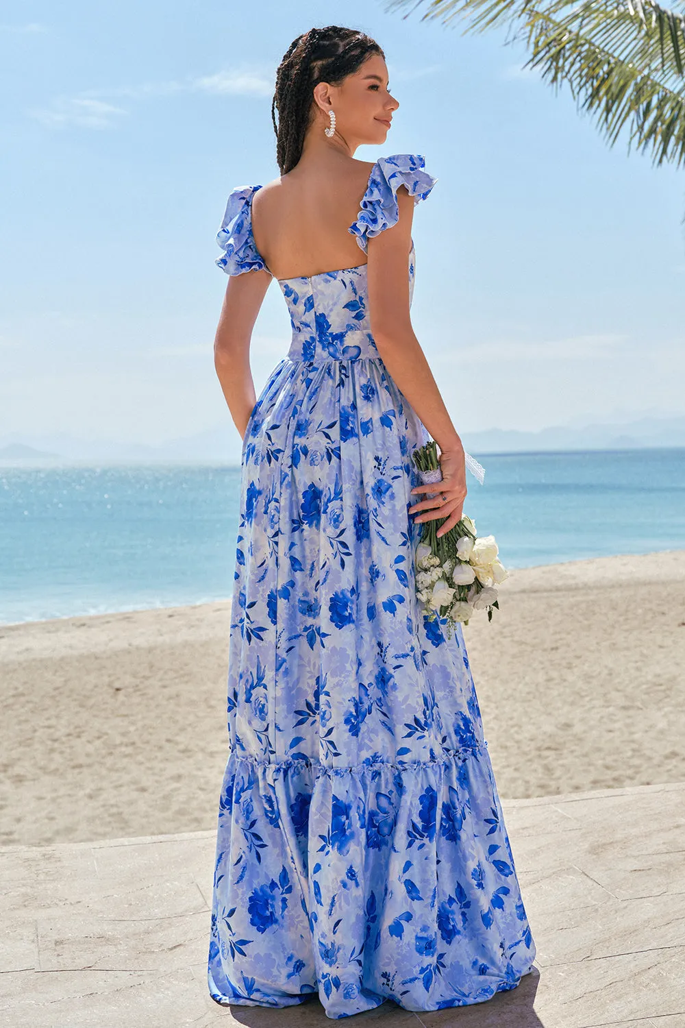 Off The Shoulder Blue Floral A Line Chiffon Bridesmaid Dress sold by Zapaka product image thumbnail 2