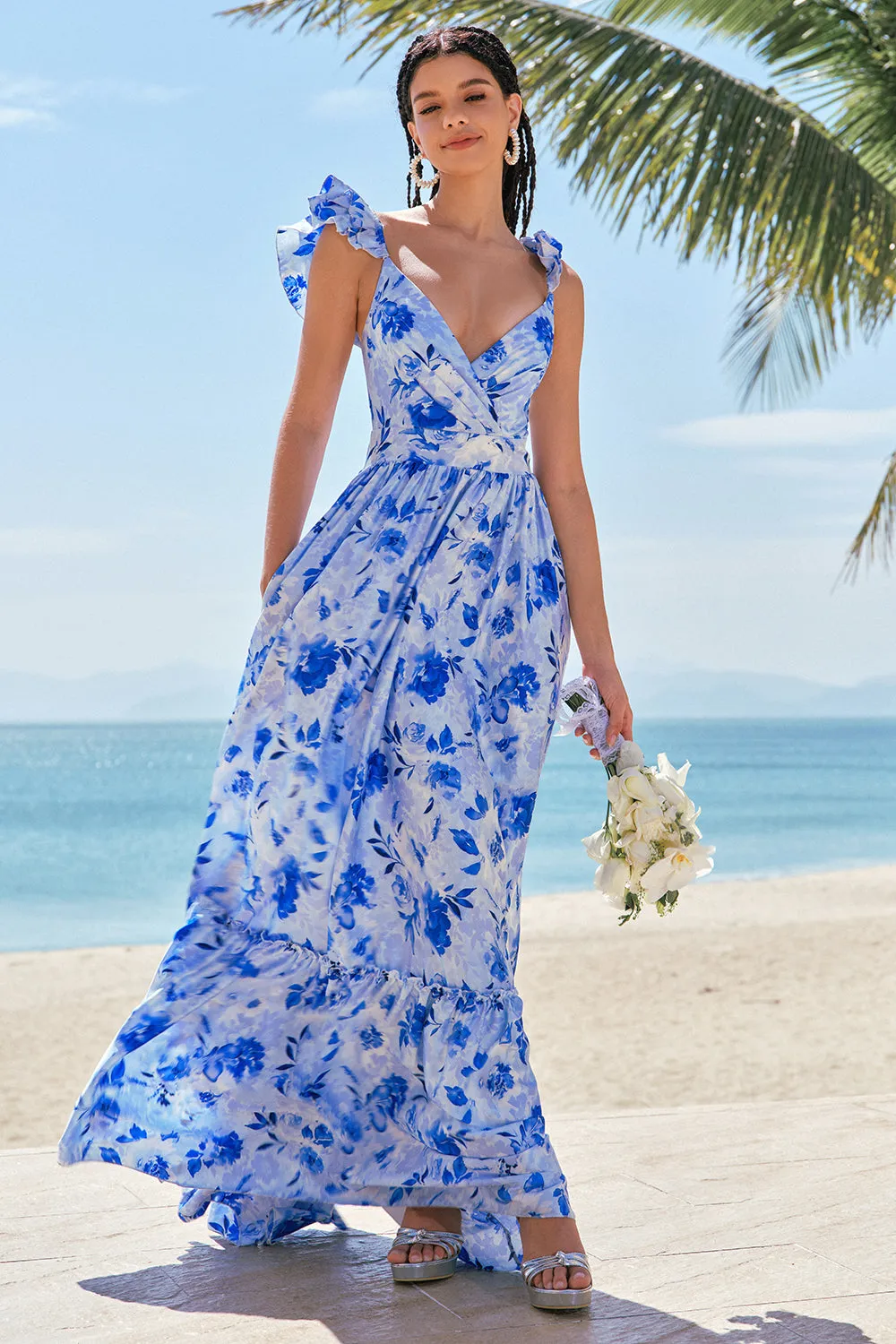 Off The Shoulder Blue Floral A Line Chiffon Bridesmaid Dress sold by Zapaka product image thumbnail 4