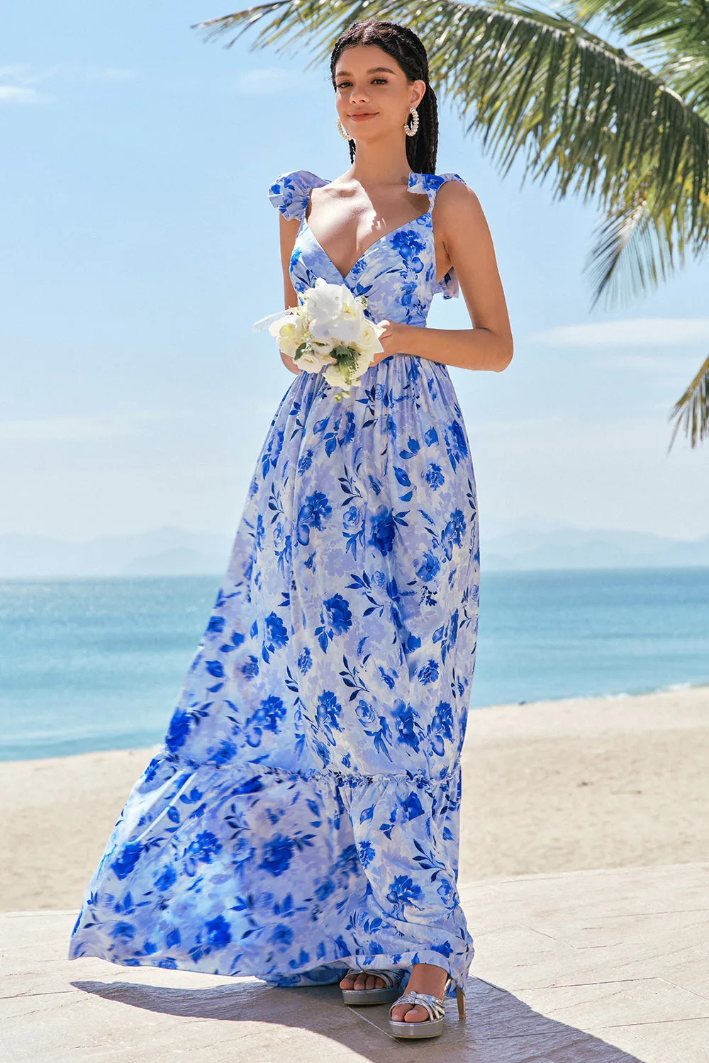 Off The Shoulder Blue Floral A Line Chiffon Bridesmaid Dress sold by Zapaka product image thumbnail 5