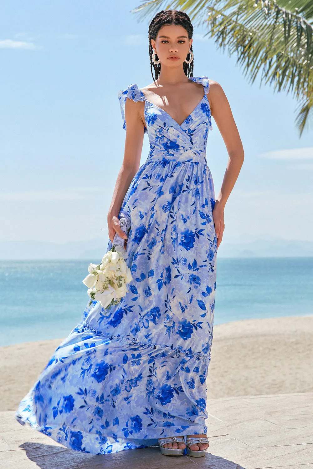 Off The Shoulder Blue Floral A Line Chiffon Bridesmaid Dress sold by Zapaka