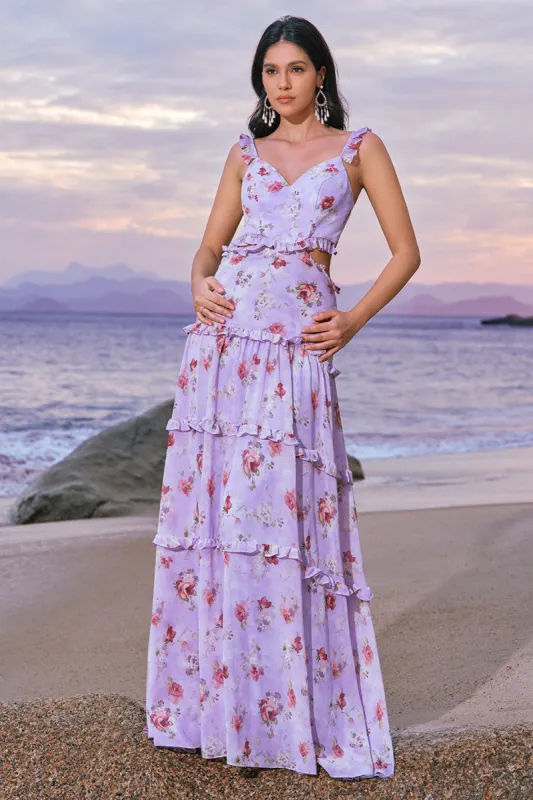 Off the Shoulder Purple Floral A-Line Chiffon Bridesmaid Dress sold by Zapaka