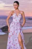Chiffon Purple Floral Corset Halter Bridesmaid Dress with Slit sold by Zapaka