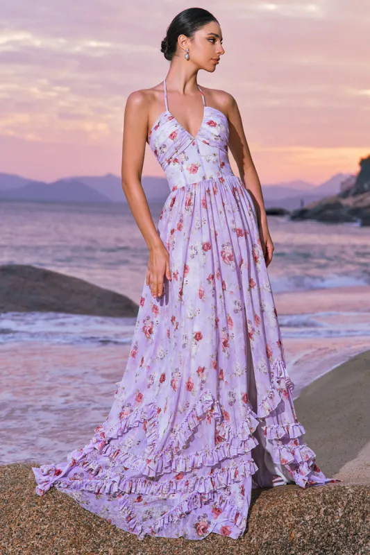 Chiffon Purple Floral Corset Halter Bridesmaid Dress with Slit sold by Zapaka