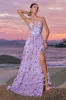 Chiffon Purple Floral Corset Halter Bridesmaid Dress with Slit sold by Zapaka