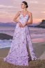Chiffon Purple Floral Corset Halter Bridesmaid Dress with Slit sold by Zapaka