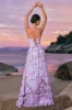 Chiffon Purple Floral Corset Halter Bridesmaid Dress with Slit sold by Zapaka