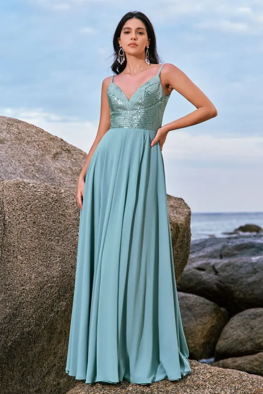 Spaghetti Straps Grey Green A-Line Chiffon Bridesmaid Dress with Slit sold by Zapaka