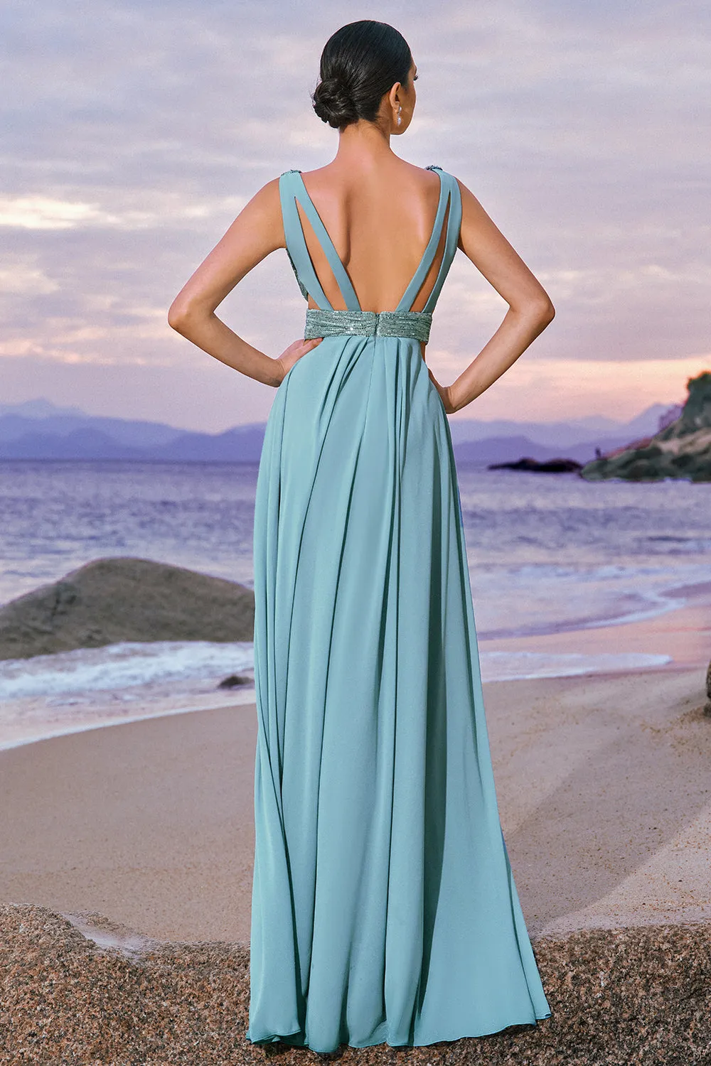 Grey Green A-Line Sequins Chiffon Bridesmaid Dress sold by Zapaka product image thumbnail 2