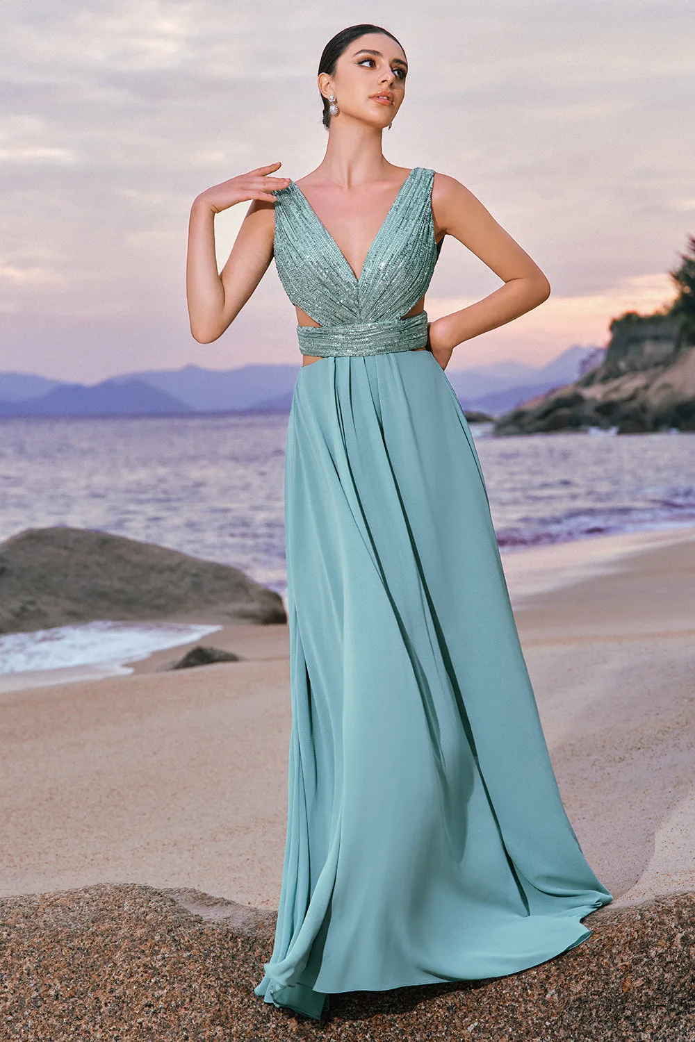 Grey Green A-Line Sequins Chiffon Bridesmaid Dress sold by Zapaka