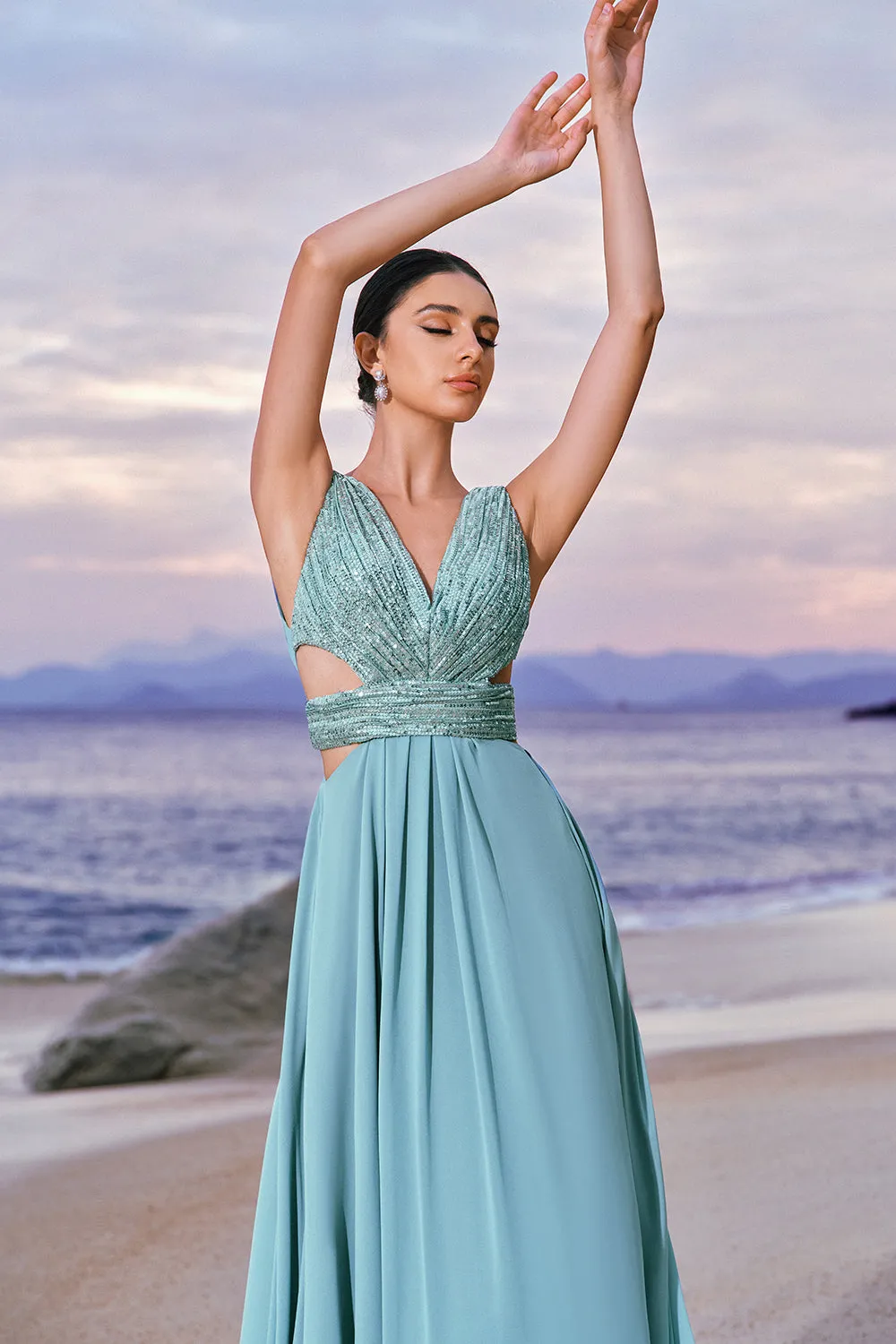 Grey Green A-Line Sequins Chiffon Bridesmaid Dress sold by Zapaka product image thumbnail 3