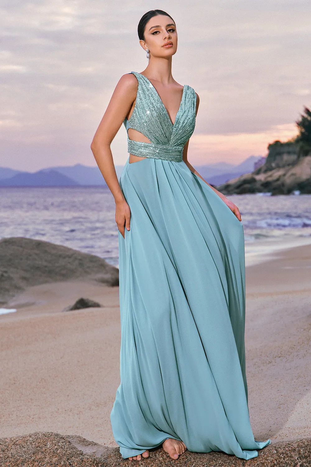 Grey Green A-Line Sequins Chiffon Bridesmaid Dress sold by Zapaka product image thumbnail 4