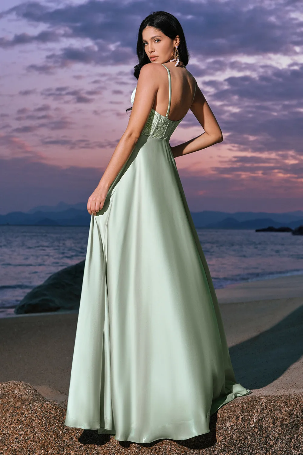 Satin Green A-Line Corset Bridesmaid Dress with Slit sold by Zapaka product image thumbnail 5