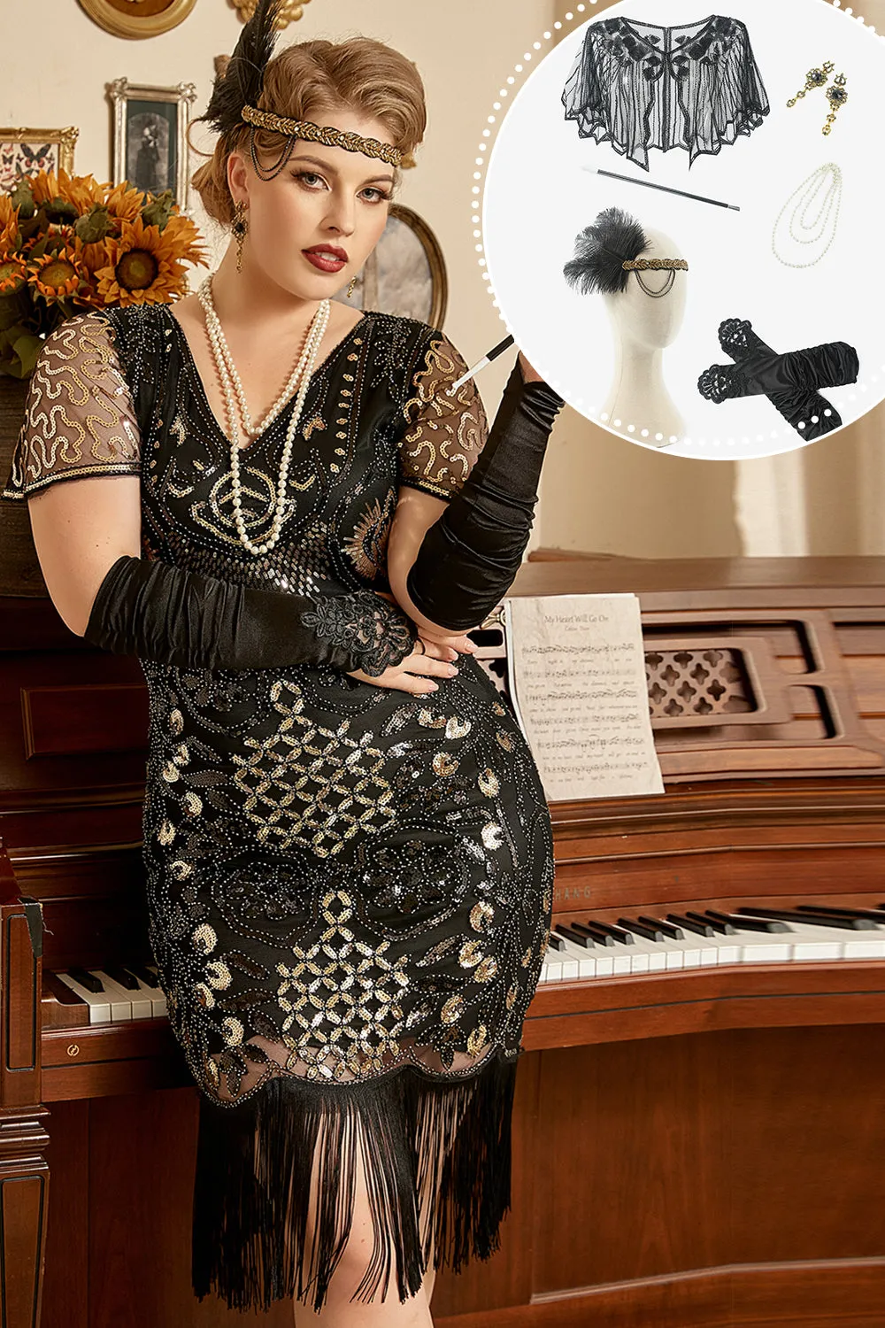 Black Sequins 1920s Flapper Plus Size Dress with 20s Accessories Set sold by Zapaka