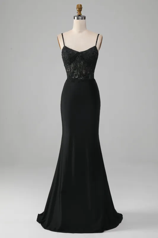 Black Mermaid Spaghetti Straps Corset Prom Dress With Appliques sold by Zapaka