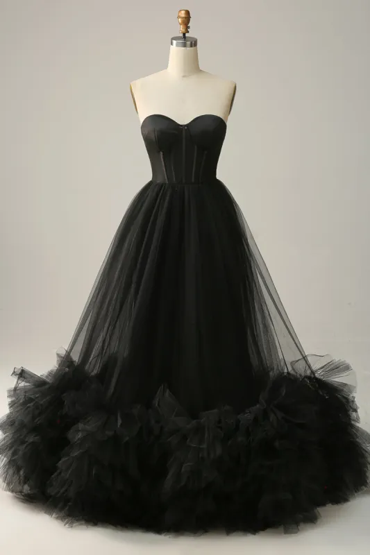 A Line Sweetheart Black Corset Prom Dress with Ruffled sold by Zapaka