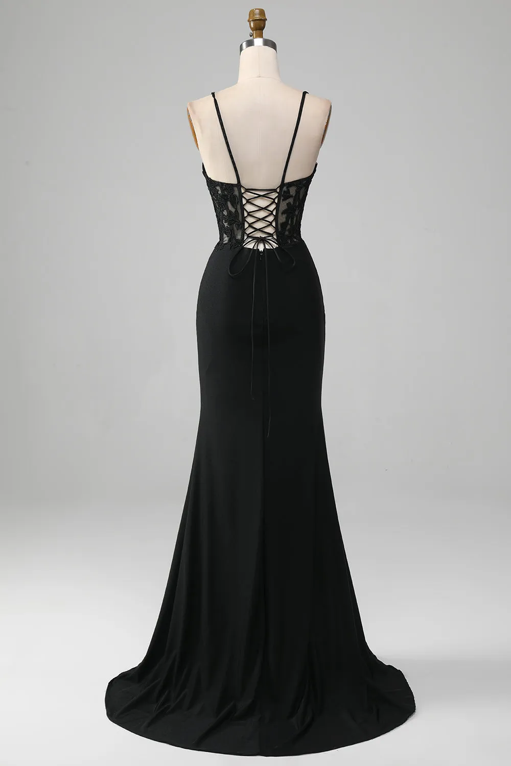 Black Mermaid Spaghetti Straps Corset Prom Dress With Appliques sold by Zapaka product image thumbnail 2