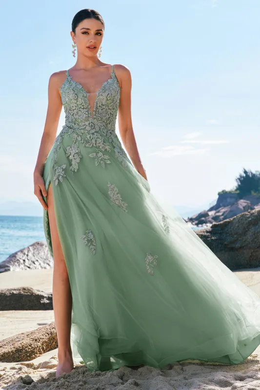 Green A-Line Spaghetti Straps Tulle Long Prom Dress with Criss Cross Back sold by Zapaka