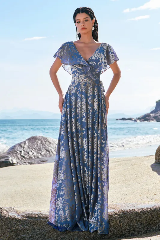 Grey Blue A-Line V Neck Burnout Velvet Printed Long Bridesmaid Dress sold by Zapaka